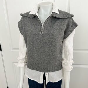 Grey Half-Zip Short Sleeve Knit Sweater Vest With Oversized Collar Spring Layers